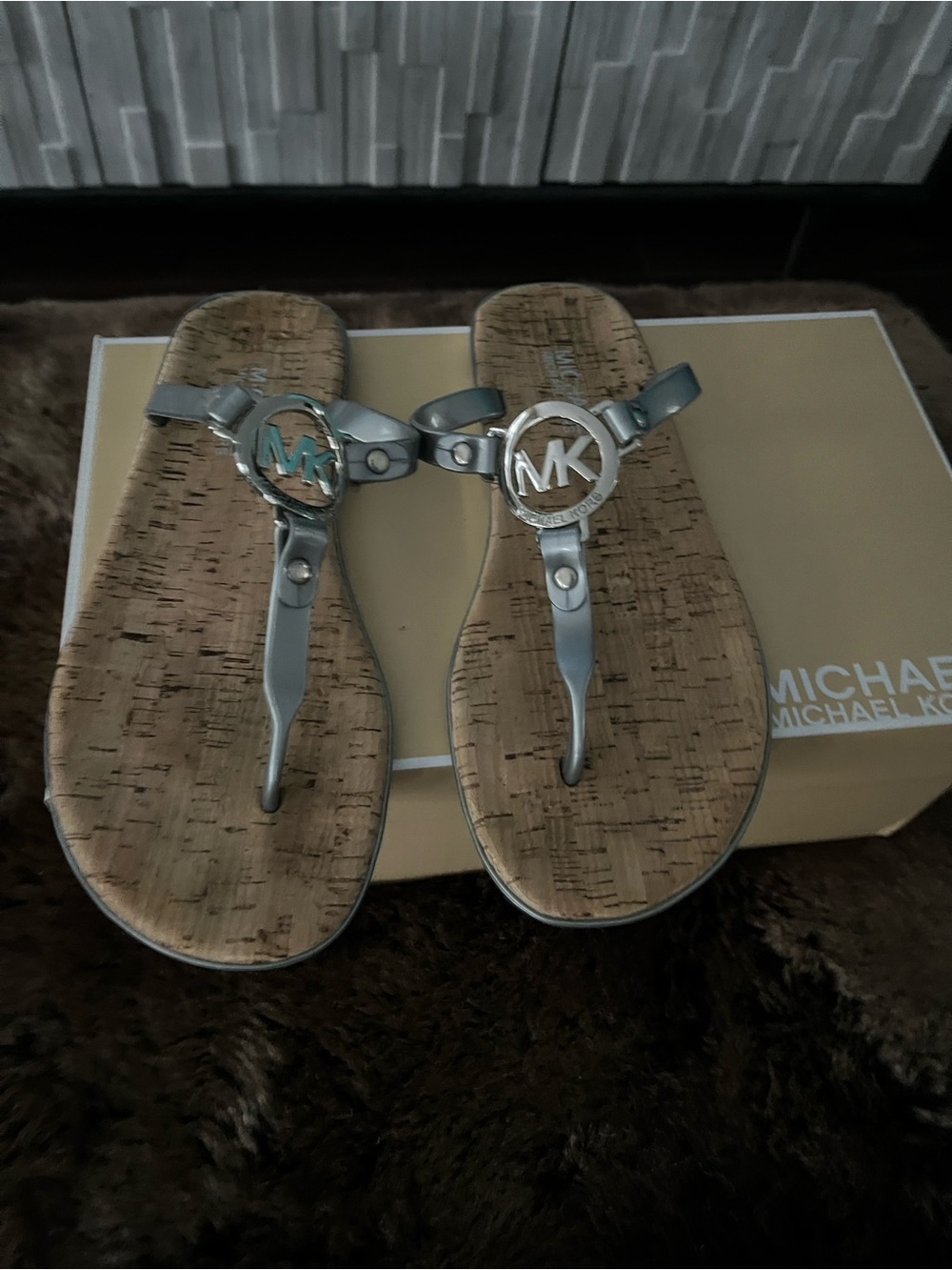 Michael Kors silver Thong Sandals with Silver MK Medallion